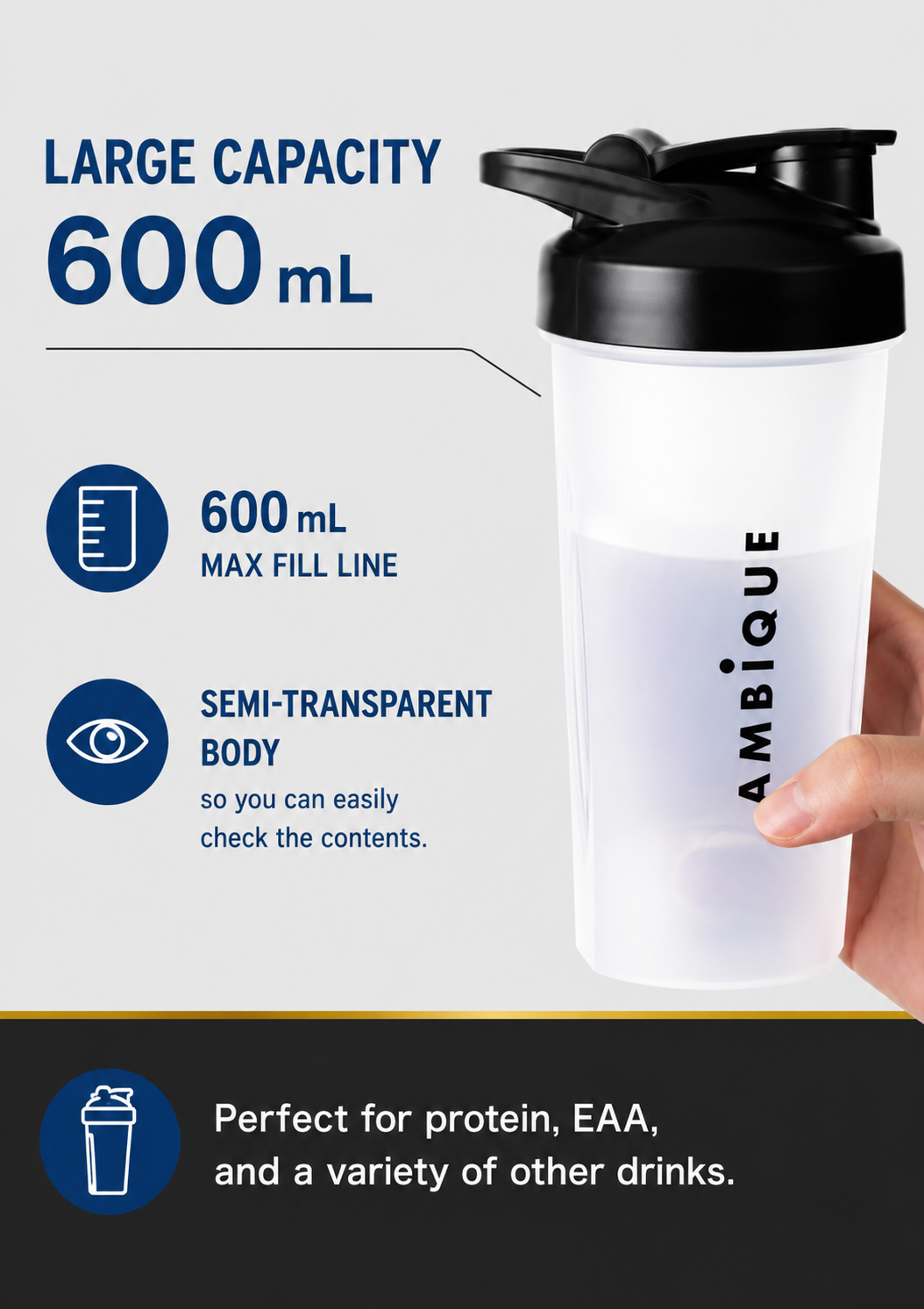 AMBIQUE PROTEIN SHAKER (WHITE) 600ml